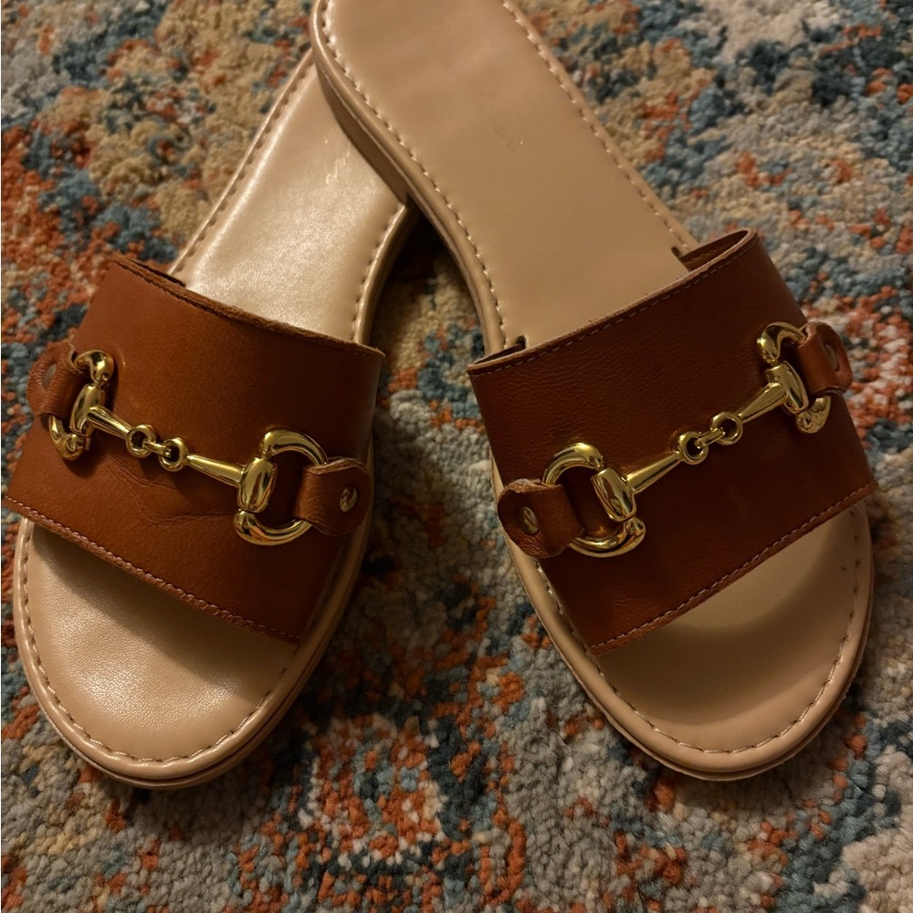 Italian Leather Brown Slide Sandals with Gold horsebit